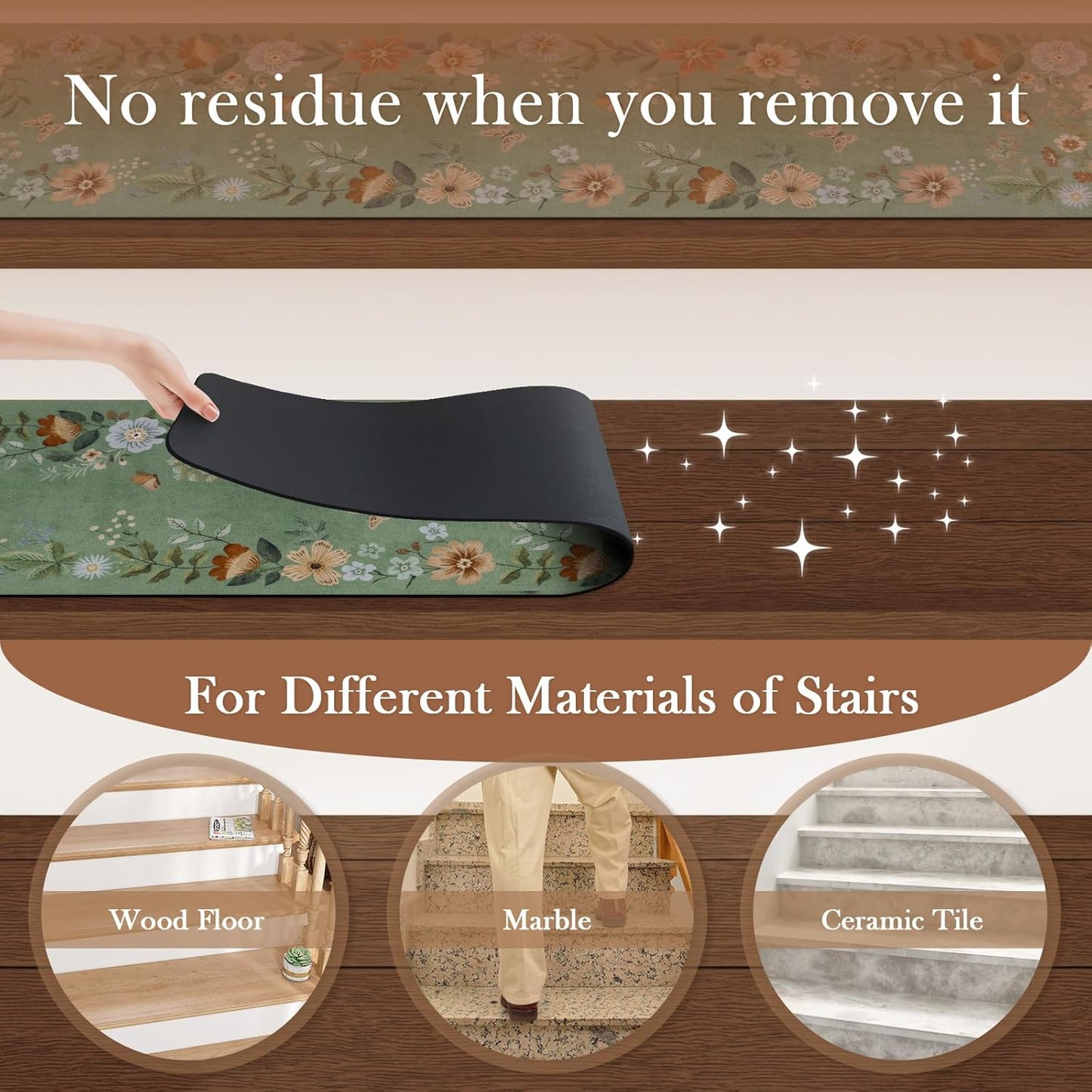 OJIA Floral Stair Treads Non-Slip Carpet Stair Treads for Wooden Steps Indoor 15PCS 30"x8" Stair Runner Stair Mats Staircase Step Treads for Kids, Elders and Dogs, Stair Covers, Black
