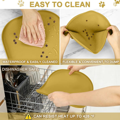 Small Silicone Pet Food Mat with Raised Edge for Food and Water Bowl, Square Dog Feeding Mats, Cat Food Trays for Floor Waterproof, Rubber Tray for Dogs and Cats, 12 x 12 x 0.7 Light Olive Green