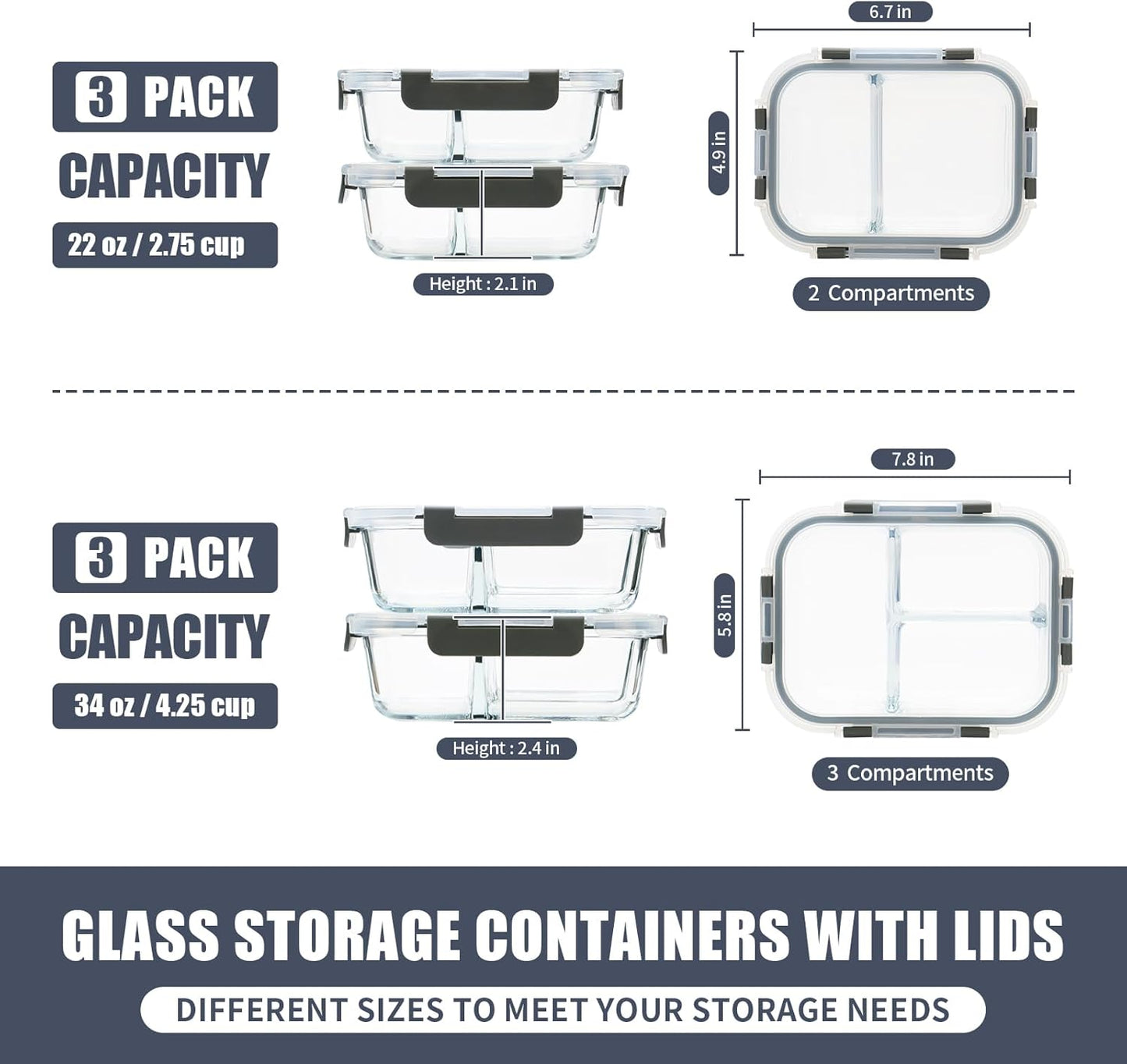 GULFLIN 24-Piece Small Glass Food Storage Containers with Lids Airtight, 1.5 Cup Meal Prep Containers Set, Microwave&Dishwasher Safe, Leak-Proof, BPA-Free, Grey
