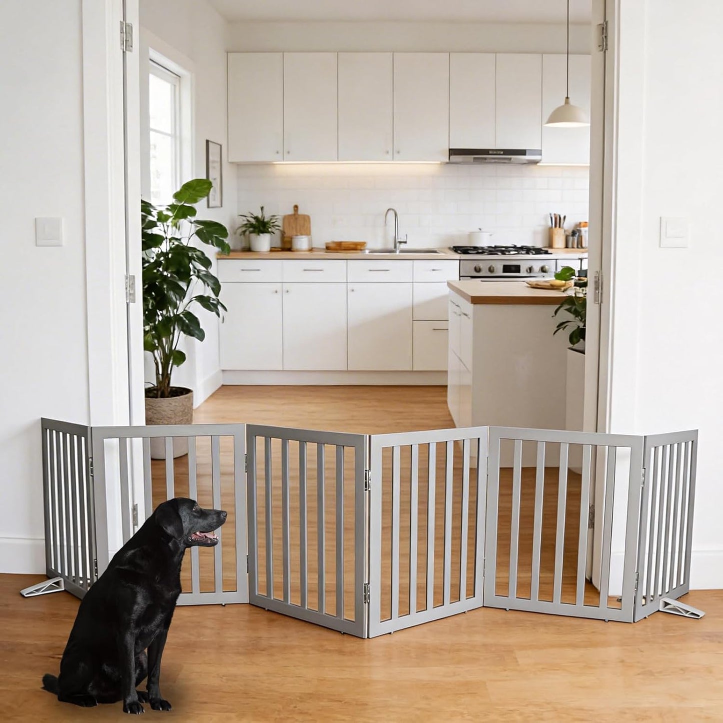 ZJSF Freestanding Indoor Dog Gate for House Foldable Wood Puppy Gate for Doorways Pet Gate for Stairs Extra Wide Pet Fence, Brown, 24" Height 3 Panels
