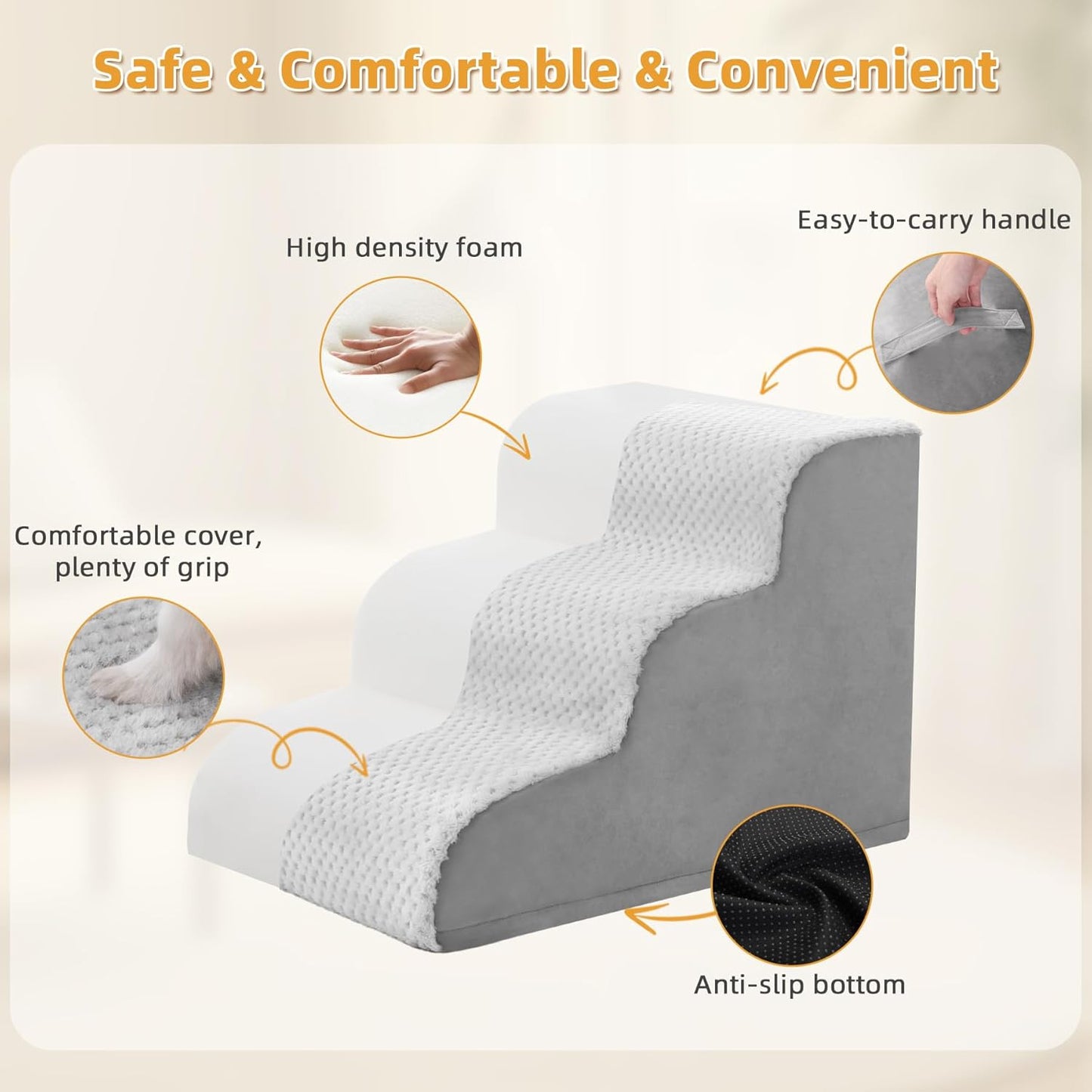 Dog Stairs Ramp, Curved 3-Step Dog Steps for Small Dogs and Cats, Pet Stairs for High Beds and Couch with Anti-Slip Washable Cover and Durable High Density Foam, Dark Grey