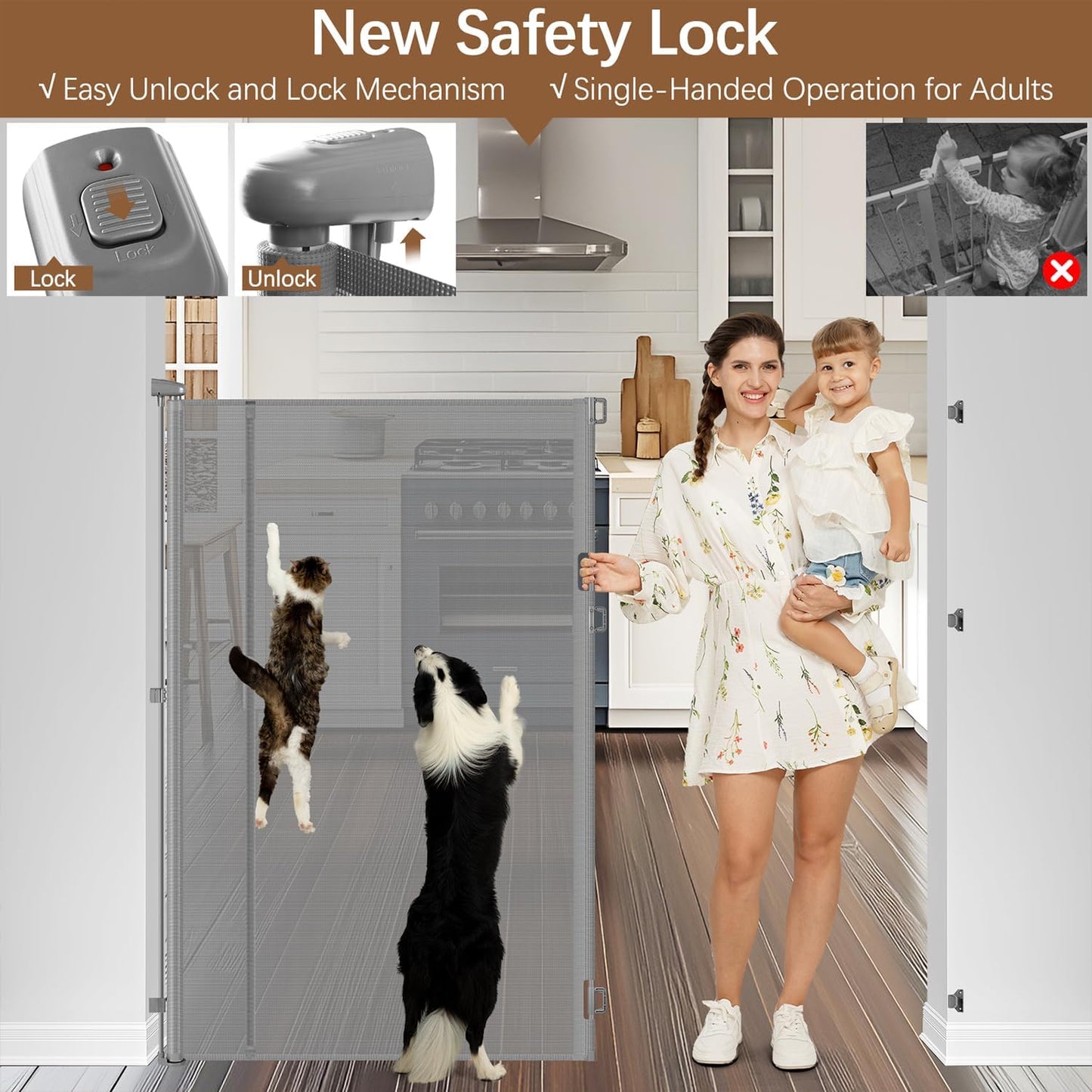 Reinforced 55" Extra Tall Pet Gate for Doorway - No Jumping Over, 55" Wide Retractable Baby Gates with Support Rods - No Crawling Under, Climb Proof Cat Gate for Stairs Tall Retractable Dog Gate/Black