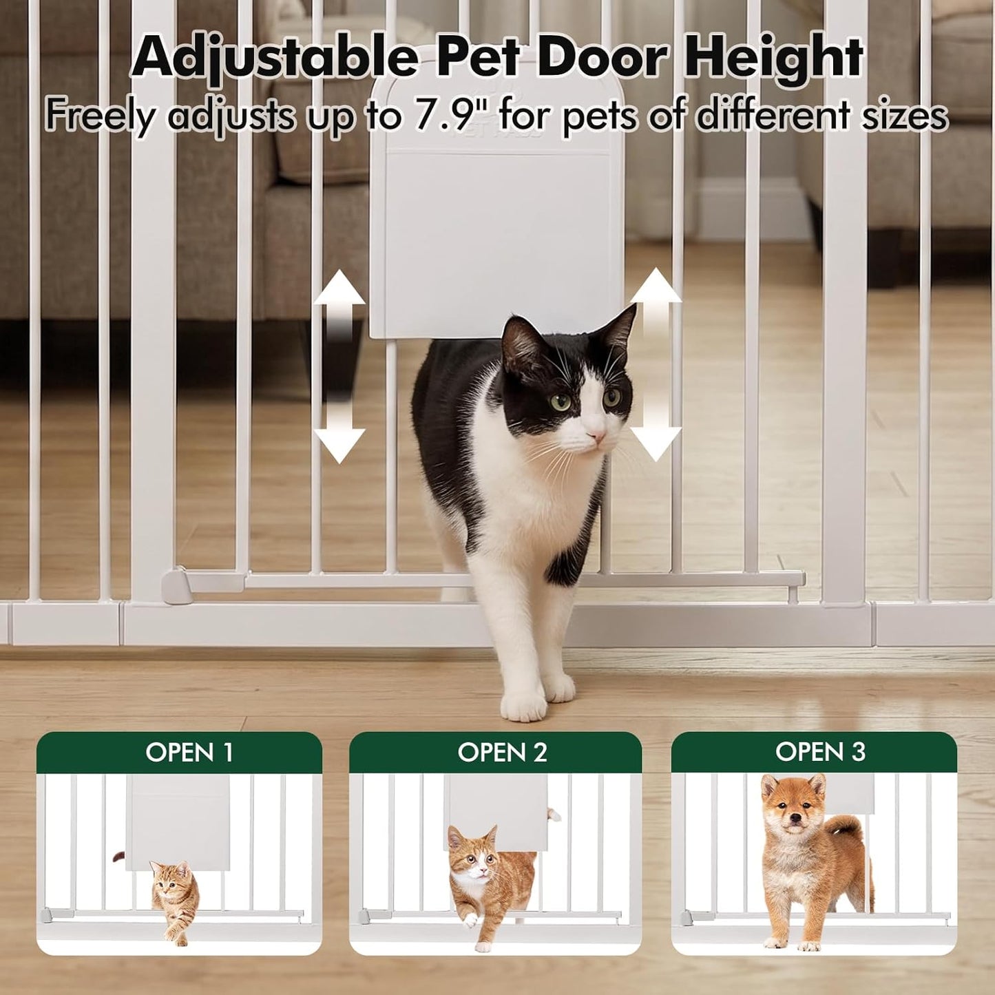 Metal Pet Gate with Cat Door, Adjustable Dog Gate for Doorways & Stairs, Pressure Mounted, Auto-Close, No Tools Needed, 31-46 Inches, Black