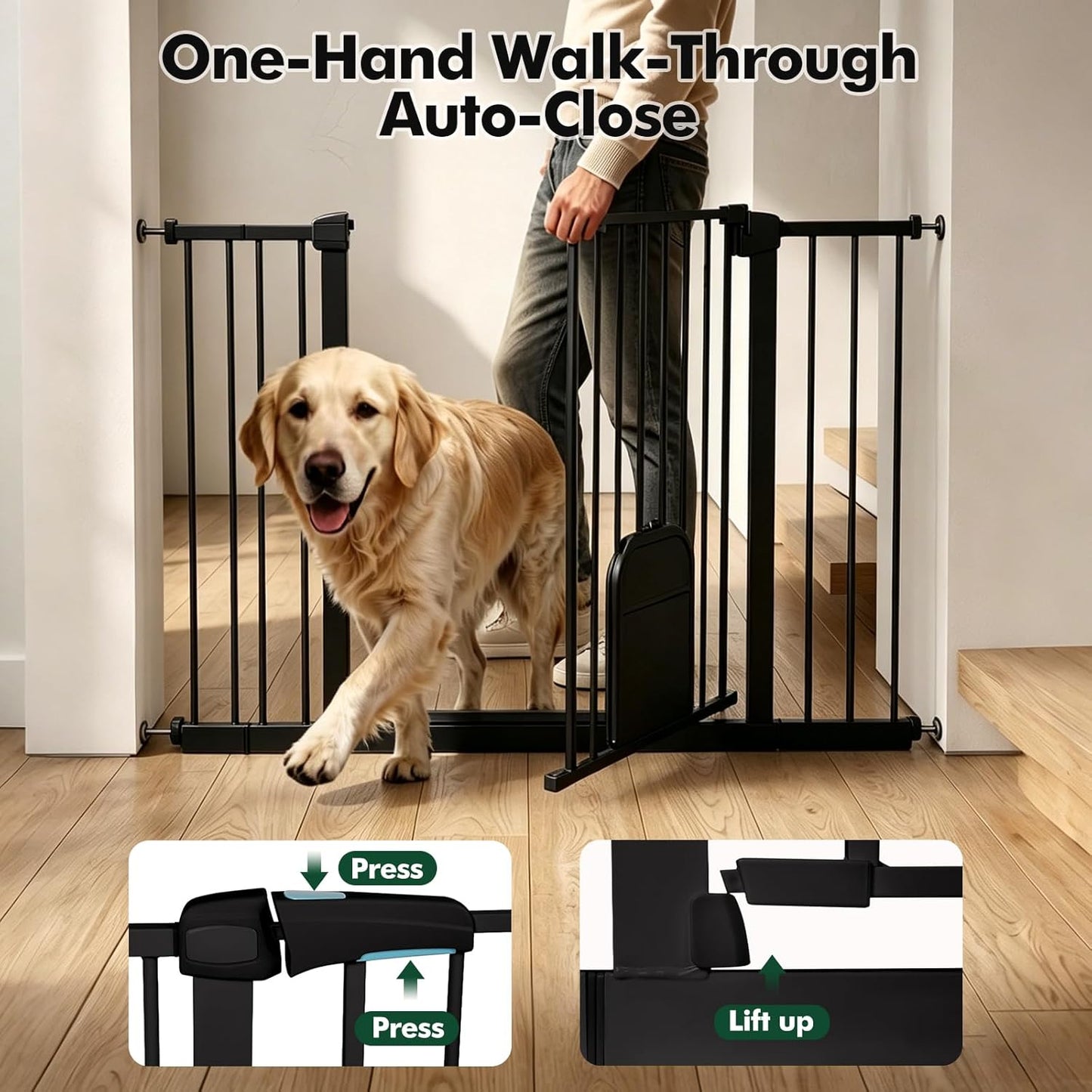 Metal Pet Gate with Cat Door, Adjustable Dog Gate for Doorways & Stairs, Pressure Mounted, Auto-Close, No Tools Needed, 31-46 Inches, Black