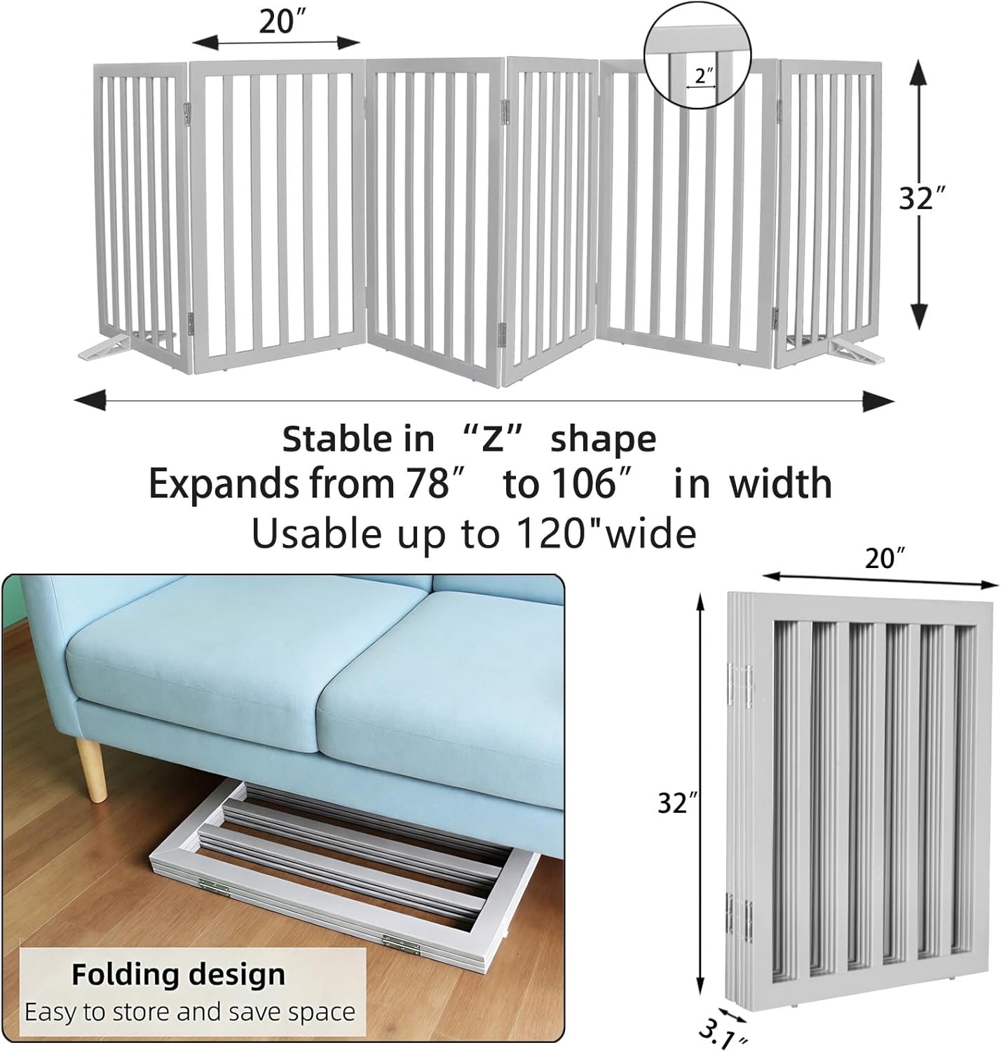 Dog Gate Indoor, Freestanding Dog Fence for The House, Doorways, Hallways,or Stairs,Pet Gate Foldable Wooden,Expandable 24" Height 3 Panels,White