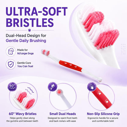 Dog Toothbrush – Newly Upgraded Dual-Head Design with 60° Wavy Bristles – Gently Surrounds Teeth for Deep Cleaning and Plaque Removal – Non-Slip Handle, Ideal for Daily Pet Dental Care (Pink, 1-Pack)