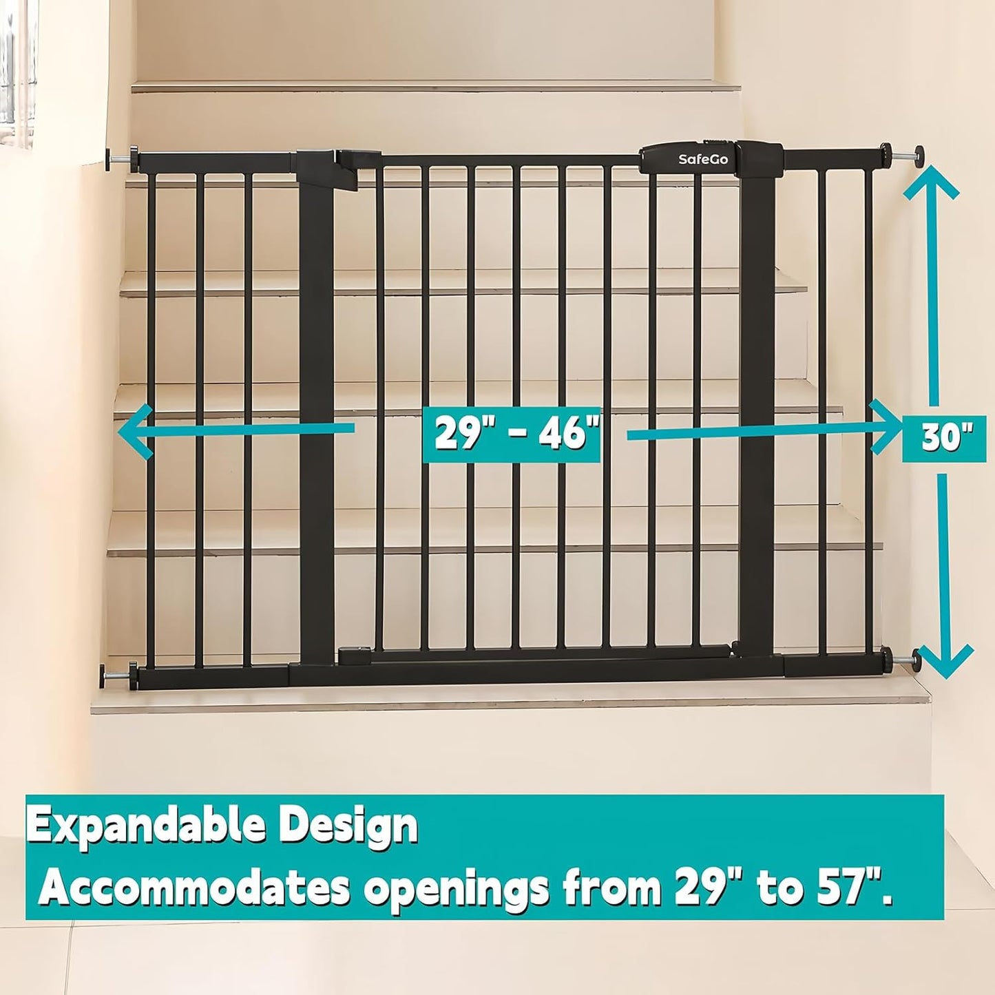 44.72"-46.89" Baby and Pet Safety Gate, 30" Tall Metal Walk-Thru Gate for Doorways & Stairs, Easy One-Hand Open, Dual Lock, Extensions & Wall Mounts Included (Brown, 29"-46" W x 30.5“H)