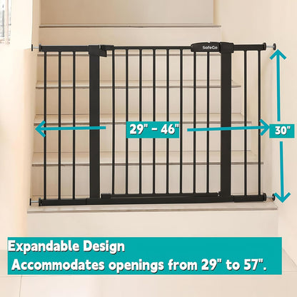44.72"-46.89" Baby and Pet Safety Gate, 30" Tall Metal Walk-Thru Gate for Doorways & Stairs, Easy One-Hand Open, Dual Lock, Extensions & Wall Mounts Included (Brown, 29"-46" W x 30.5“H)