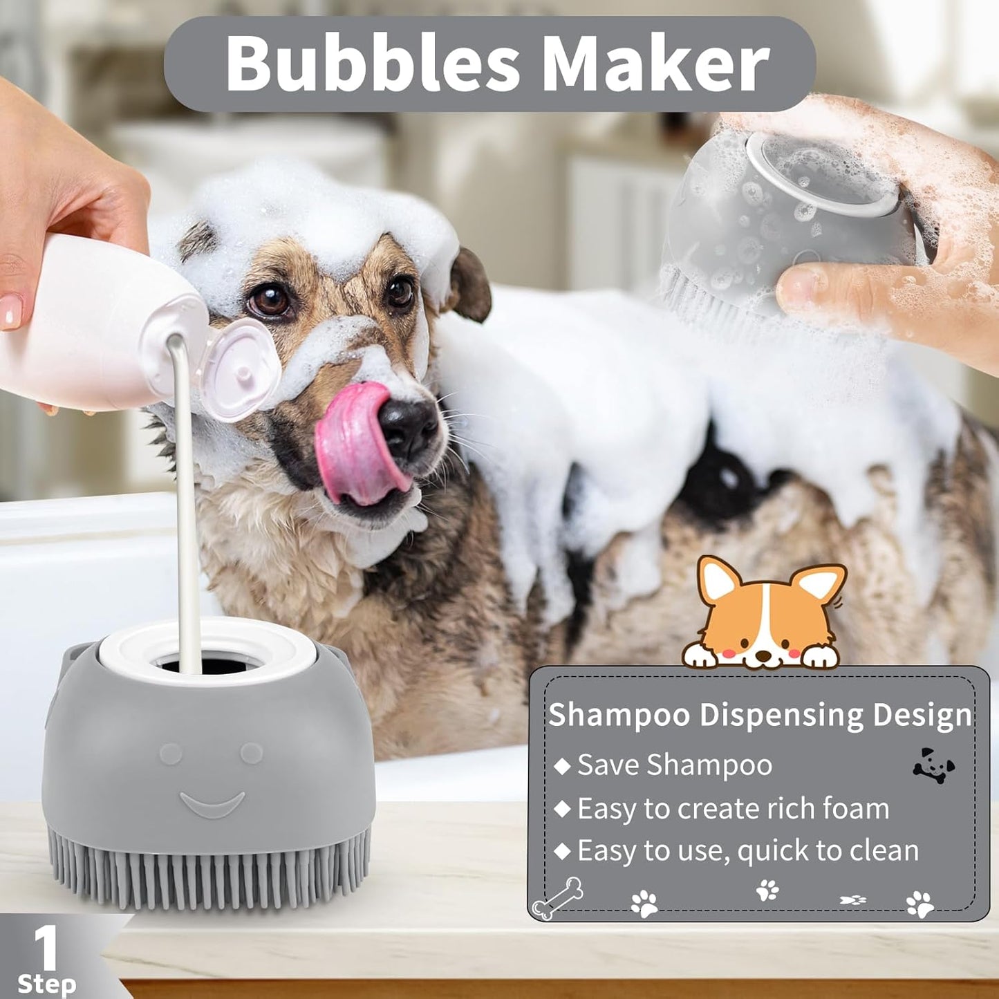 Comotech 6PCS Dog Bath Brush & Dog Toothbrush | Adjustable Handle Shampoo Brush & Scrubber for Short & Long Haired Dogs & Cats | Effectively Solve Odor & Stain Removal Problems (Blue Blue Blue.)