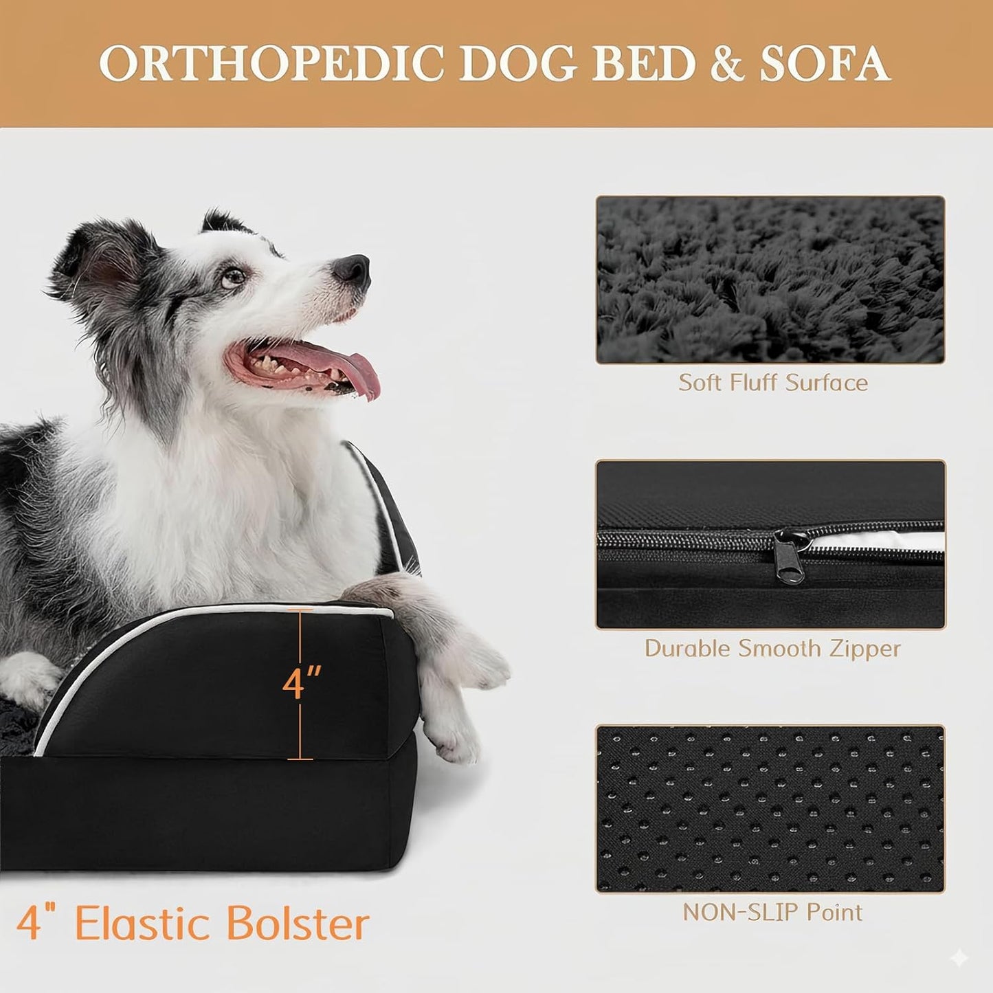 Comfort Expression Orthopedic Dog Bed for Extra Large Dogs 42x30 Inch, Waterproof Egg Crate Foam XL Pet Bed with Removable Bolsters, Dog Couch with Washable Cover & Non-Slip Bottom, Grey - Colors B