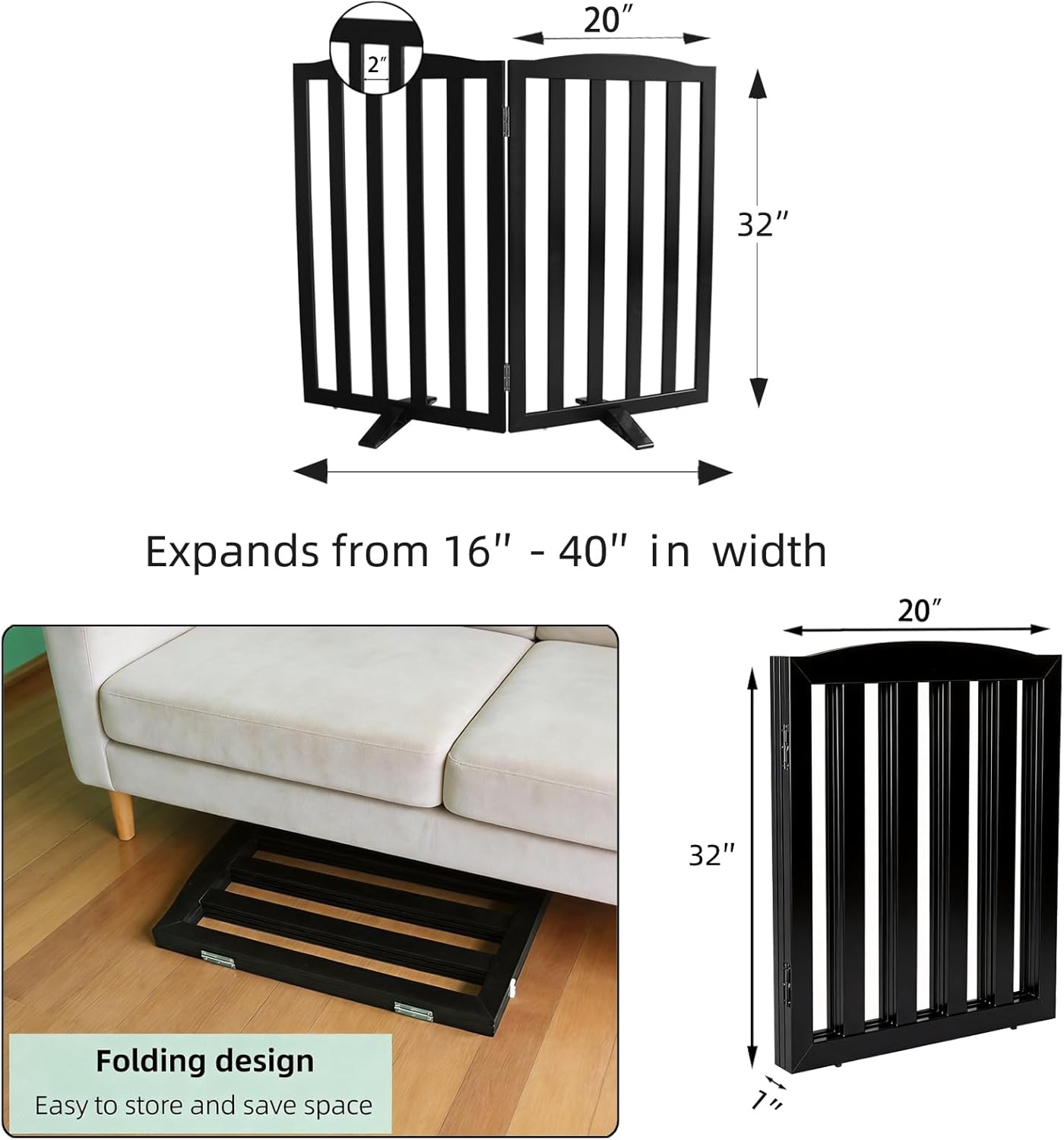 Freestanding Dog Gate Indoor,Doggie Gate Foldable Dog Gates for Doorways,Stairs or Hallways, Wooden White Pet Gate for the House, Pet Fence with Support Feet Included,24 "Height-4 Panels