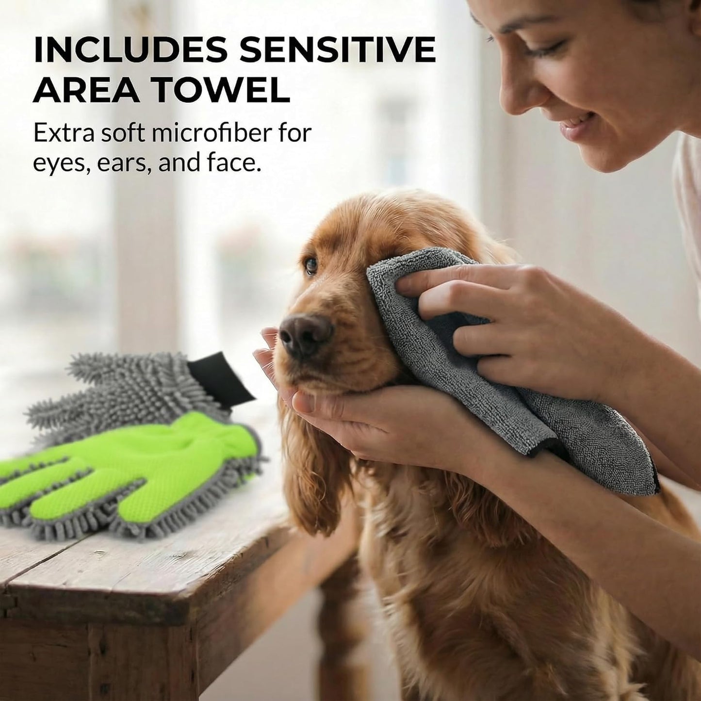 Dog Washing Gloves and Chenille Dog Drying Mitts, Dual-Sided Bath Sponge Alternative & Muddy Mitt for Paws, 3 Pcs Set (2 Gloves + 1 Towel)