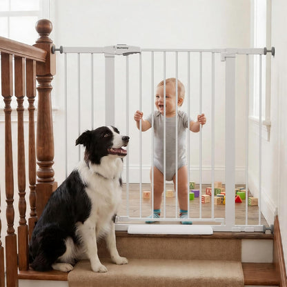 Mumeasy 29.7-46" Baby Gate for Stairs, Pressure Mounted Dog Gate for Doorways, Auto Close Walk Through Pet Gate Indoor, Extra Wide Metal Child Safety Gate, Mom's Choice Awards Winner, Black