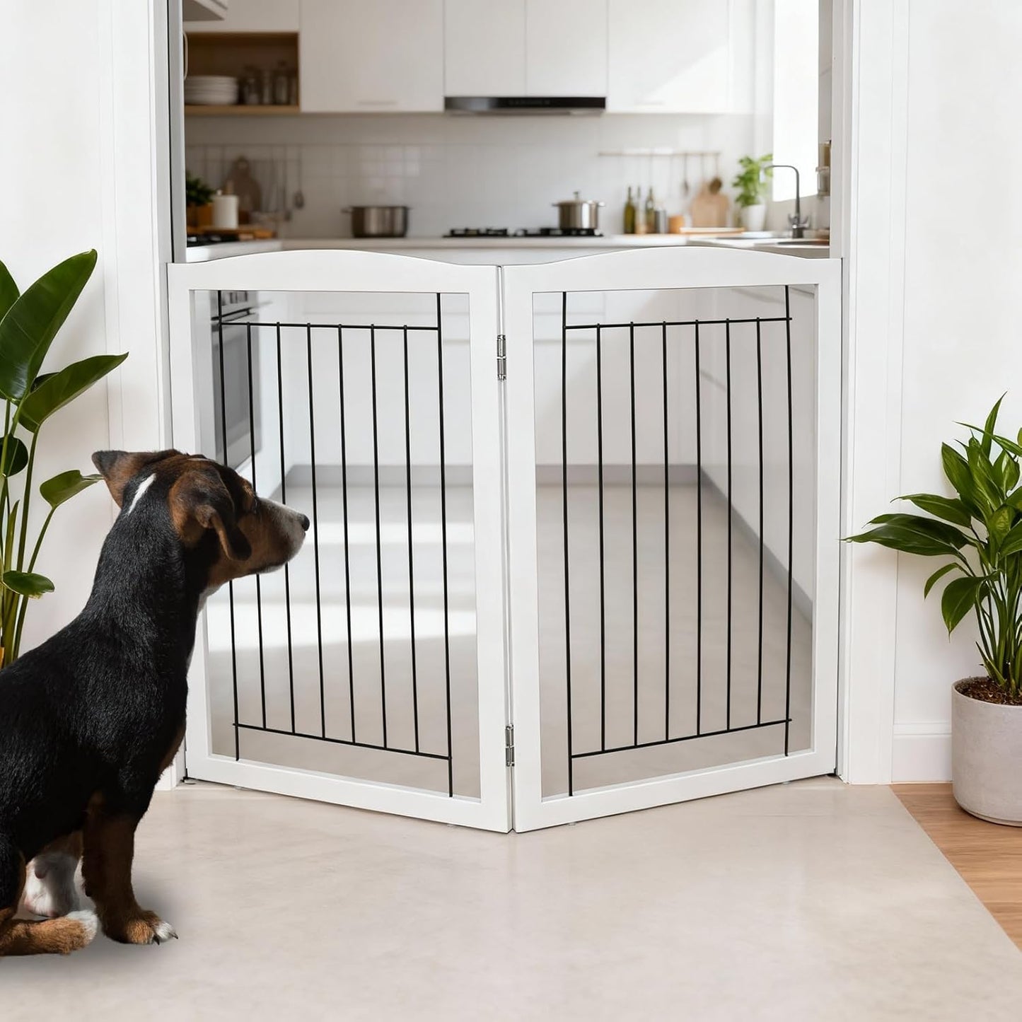 ZJSF Freestanding Foldable Dog Gate for House Extra Wide Wooden White Indoor Puppy Gate Stairs Doorways Pet Gate Tall Dog Fence 3 Panels Fence