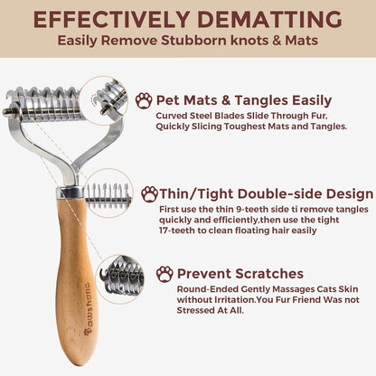 3-in-1 Professional Pet Shedding Dematting Comb - Deshedding Undercoat Rake for Dogs with Stainless Steel Blades Metal Pet Brush with Wood Handle Matted Hair Detangling Thinning and Shedding