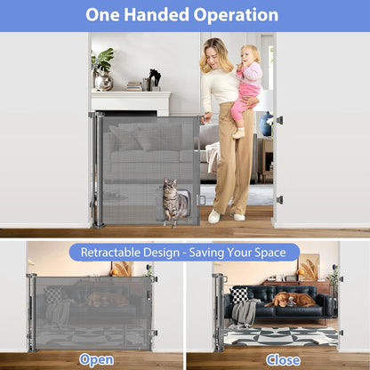 Retractable Baby Gates with Door 55" Wide Retractable Dog Gate with Pet Door Outdoor Retractable Gate for Dogs Mesh Baby Gate Retractable Pet Gate with Cat Door Retractable Child Gates for Doorways