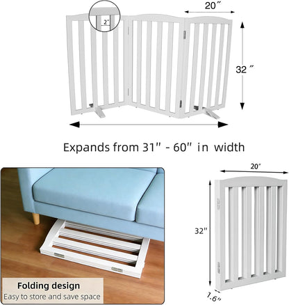 Freestanding Dog Gate Indoor,Doggie Gate Foldable Dog Gates for Doorways,Stairs or Hallways, Wooden White Pet Gate for the House, Pet Fence with Support Feet Included,24 "Height-4 Panels