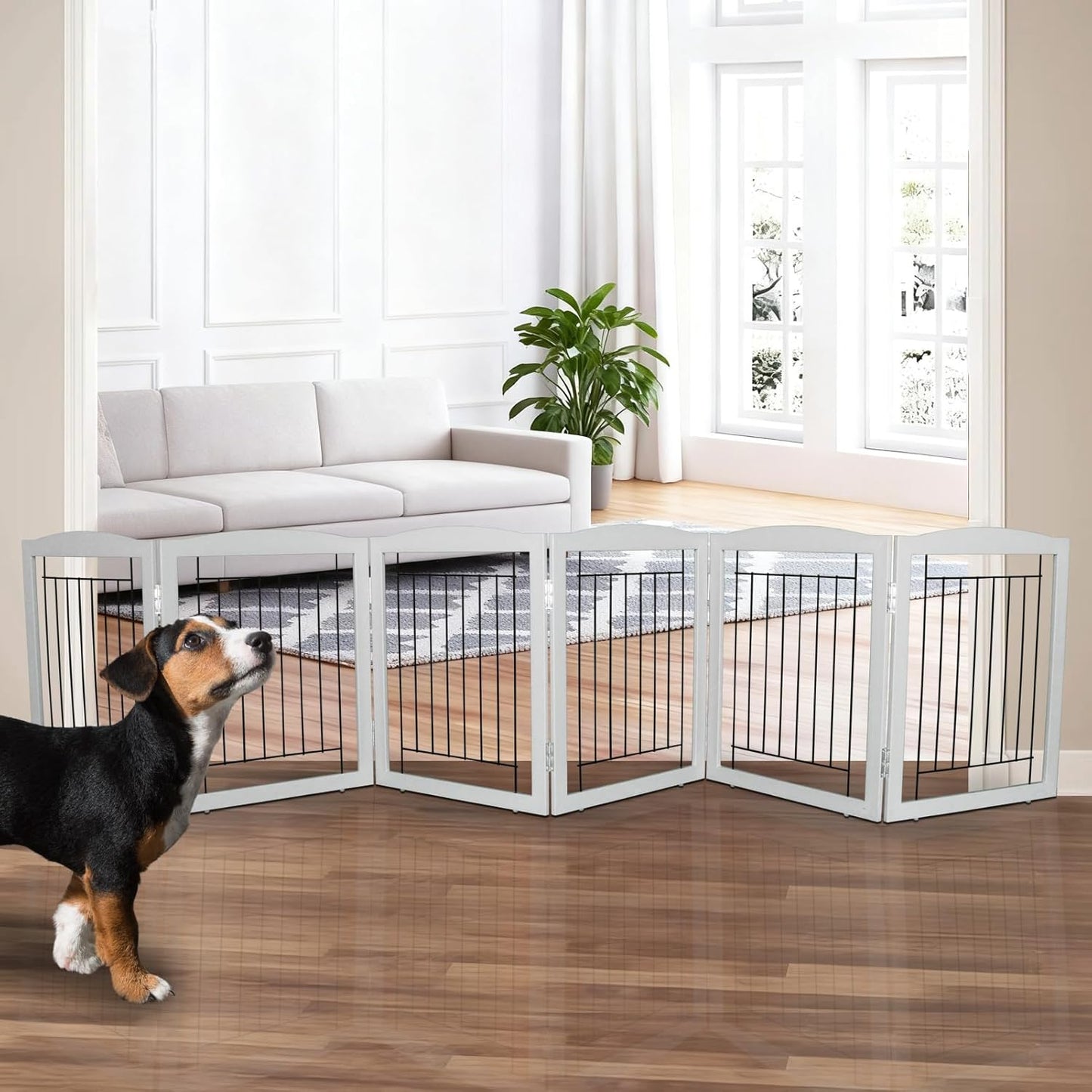 ZJSF Freestanding Foldable Dog Gate for House Extra Wide Wooden White Indoor Puppy Gate Stairs Doorways Pet Gate Tall Dog Fence 3 Panels Fence