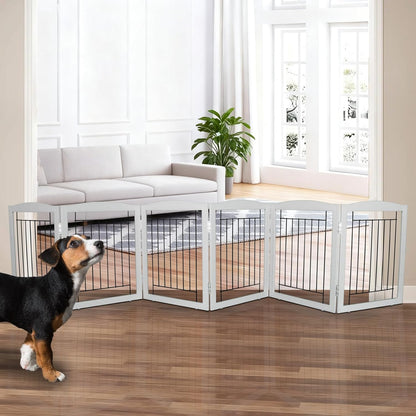 ZJSF Freestanding Foldable Dog Gate for House Extra Wide Wooden White Indoor Puppy Gate Stairs Doorways Pet Gate Tall Dog Fence 3 Panels Fence