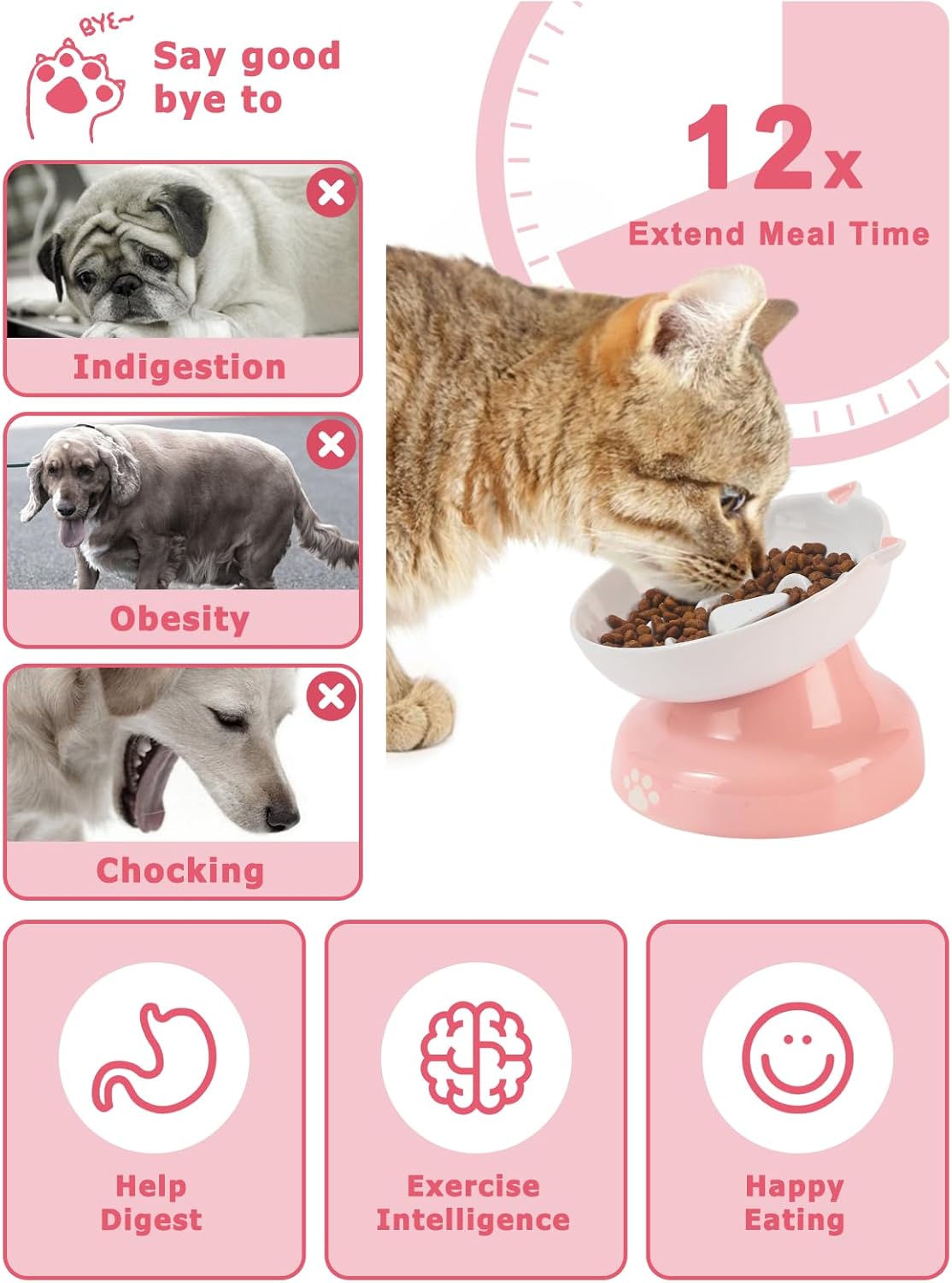 Y YHY Ceramic Cat Slow Feeder, Elevated Dog Food Bowl Tilted Design, Slow Feeder Bowl no Black Chin, Cat Shape for Dry and Wet Food