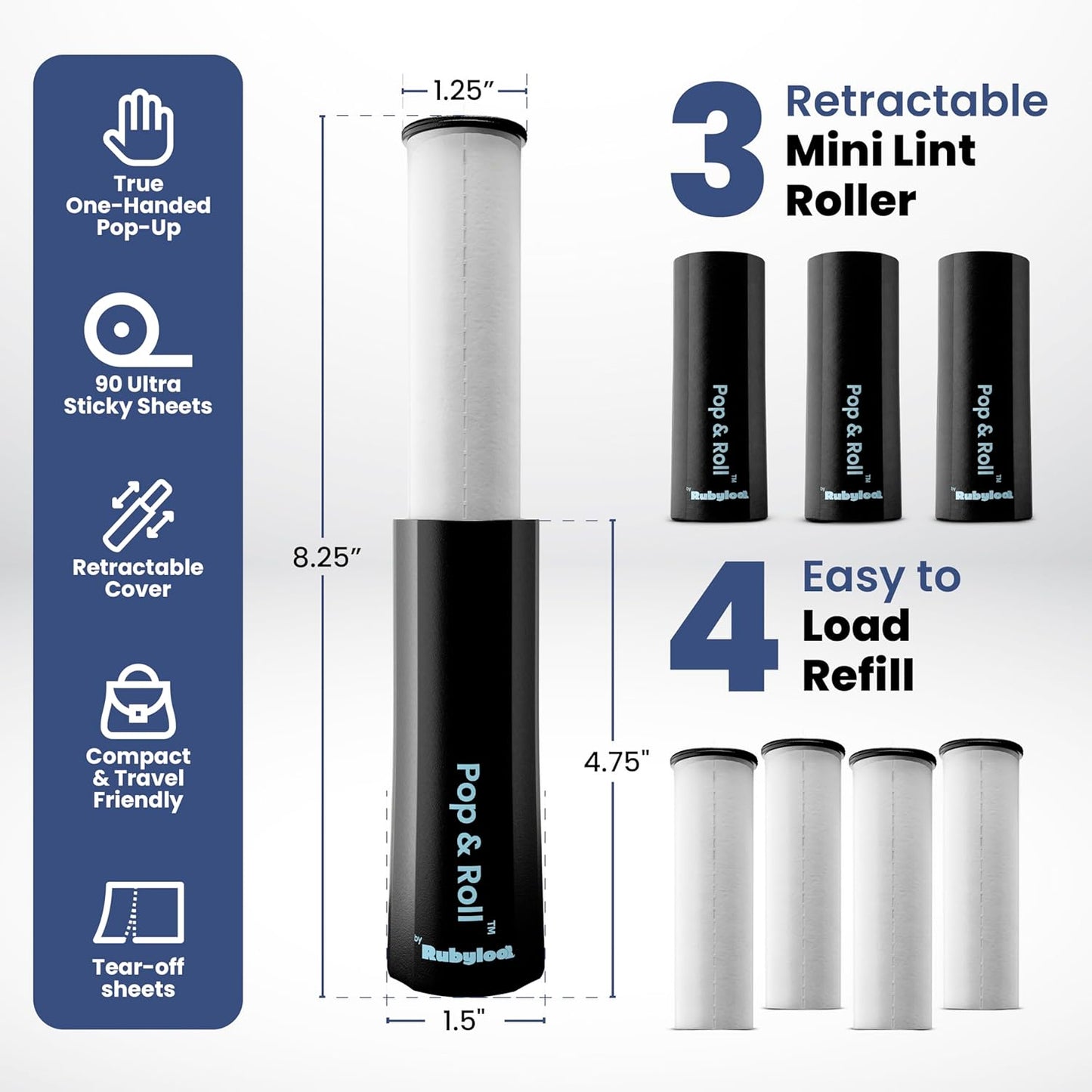 Mini Lint Roller for Pet Hair Extra Sticky (3 Pack + 4 Refill Rolls) - Travel Size Pet Hair Roller with Retractable Cover - Cat & Dog Fur Remover for Clothes