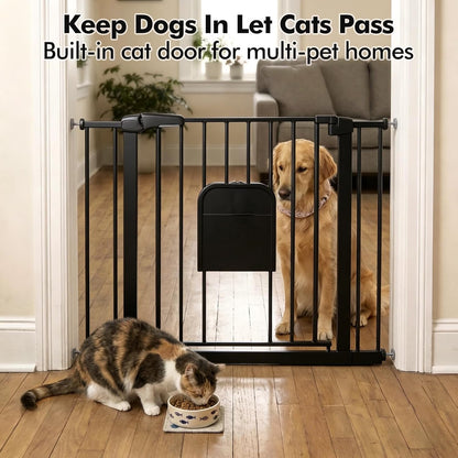 Metal Pet Gate with Cat Door, Adjustable Dog Gate for Doorways & Stairs, Pressure Mounted, Auto-Close, No Tools Needed, 31-46 Inches, Black