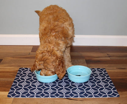 Drymate Pet Bowl Placemat, Dog & Cat Food Feeding Mat - Absorbent Fabric, Waterproof Backing, Slip-Resistant - Machine Washable/Durable (USA Made) (12” x 20”) (Indigo)