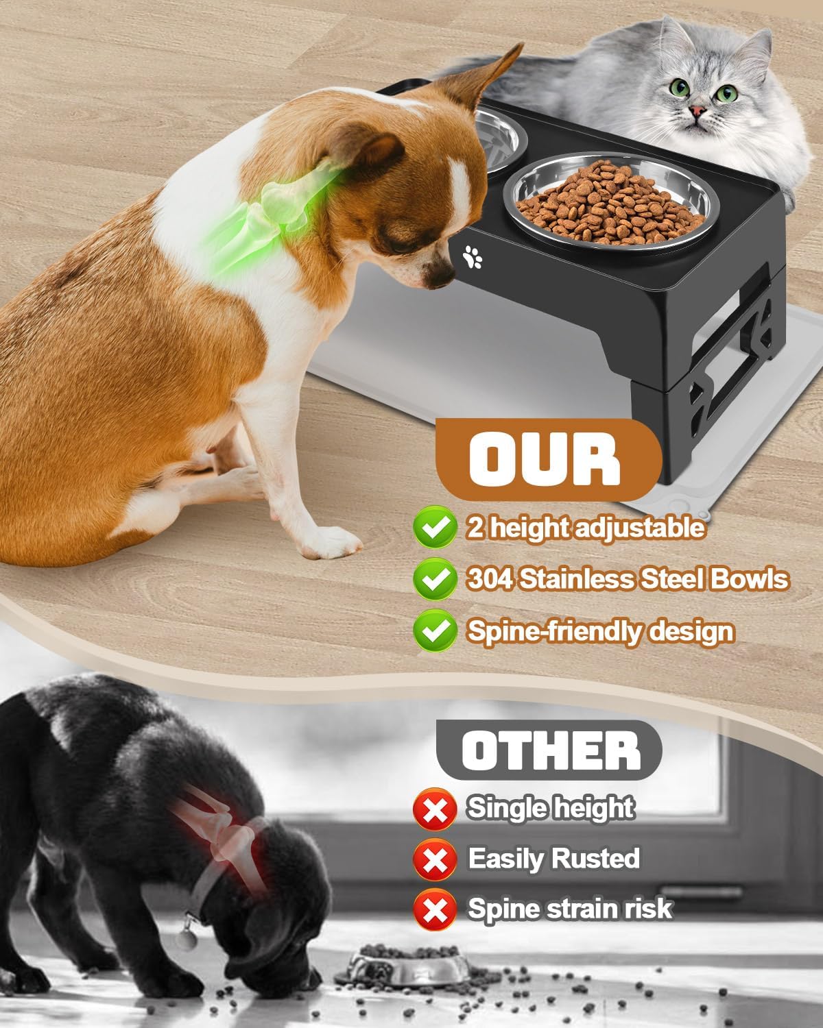 Jovrun Elevated Dog Bowls for Small Dogs and Cats, Non-Slip Cat Bowls with 2 Thick 5.5" Stainless Steel Dishes, Dog Feeder 2 Heights Adjustable to 2.6"-5.3"