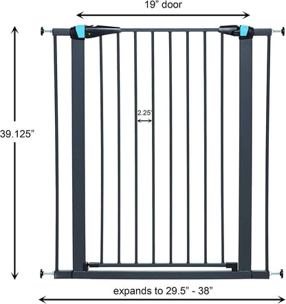 MidWest Homes for Pets 39 Inches Tall Walk-Though Steel Pet Gate, Pressure Mounted Dog Gatewith Glow Strip Measures 29-38 Inches Wide & Includes Two 3-Inch-Wide Extensions, Graphite