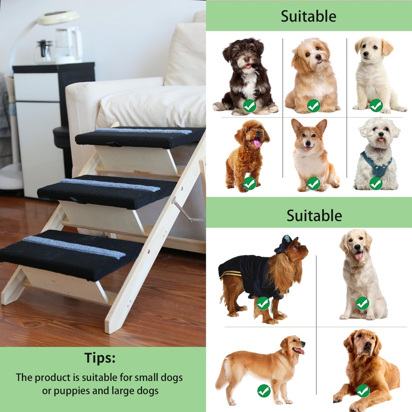2-in-1 Indoor Pet Ramp, Wooden Folding 3-Tier Pet Stairs with Non-Slip Carpeted Steps, Ramp Perfect for Bed and Couch