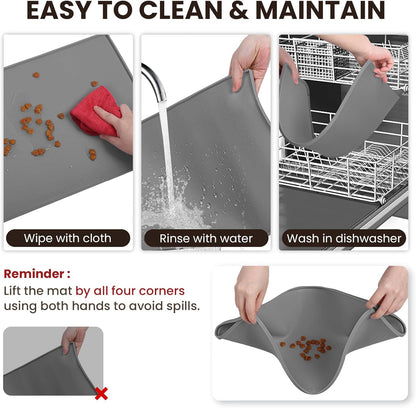 VIVAGLORY Dog Bowl Mat Grippymat Pet Food Mat, Waterproof Washable Nonslip Silicone for Pet & Cat, Food and Water Placemat with Lip & Raised Edges for Indoor Floor, S, Grey