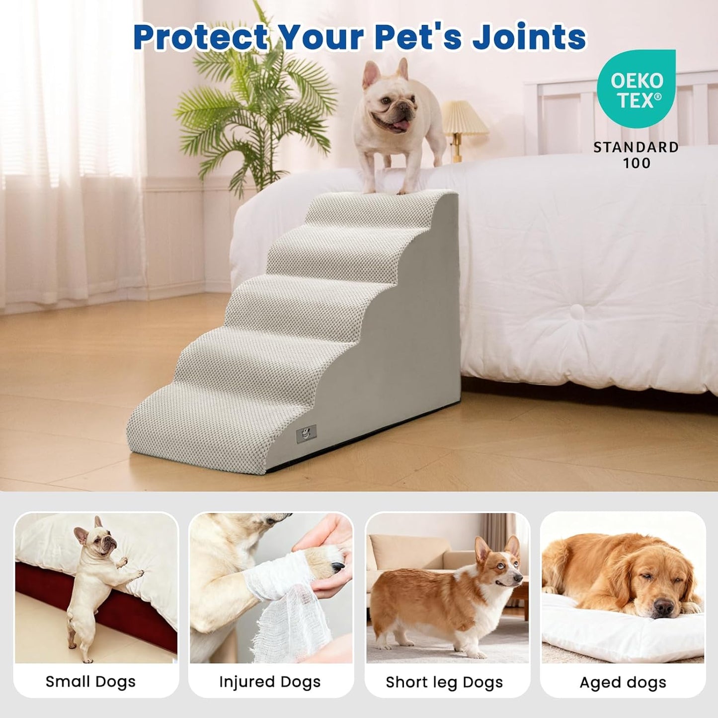 Airpanda Dog Stairs for Small Dogs and Cats – 3 Step Pet Ramp for Couch & Sofa, Non-Slip Dog Steps for Pets, Washable Cover, High-Density Support Foam for Easy Climbing,Beige