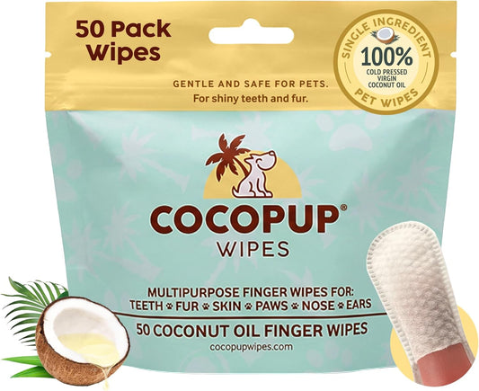 Cocopup Dog Teeth Cleaning Wipes | Pet Dental Finger Wipes | Dogs and Cats Tooth Cleaning Pads Plaque Remover Ear Nose Paws Fur Cleaners | Contains Coconut Oil | 1 Pack of 50