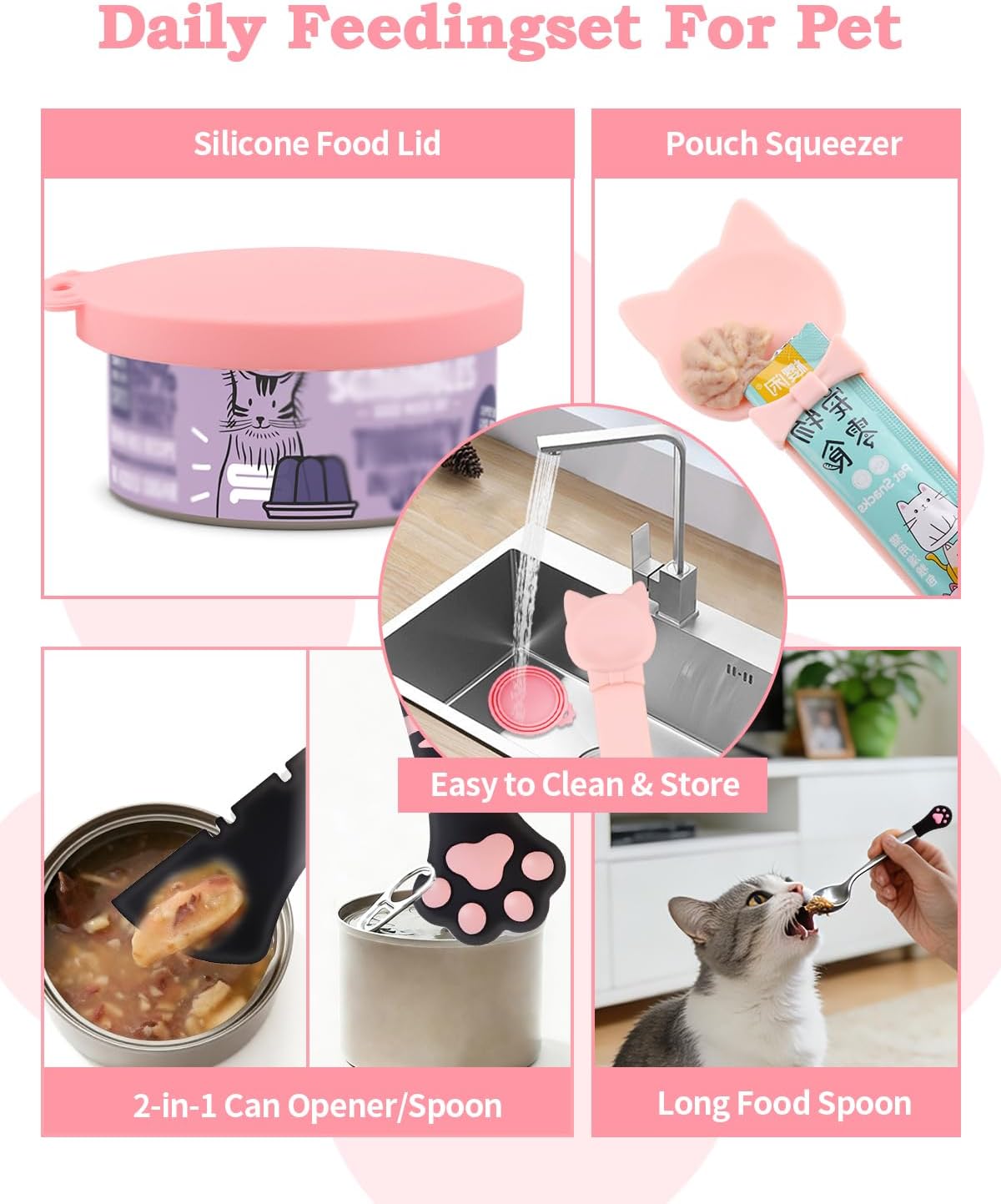 6 PCS Cat Food Can Covers Set, Reusable Silicone Can Lids with Opener, Stainless Steel Wet Food Spoon & Cat Treat Squeezer for Pet Feeding and Storage, Fits Cats & Dogs