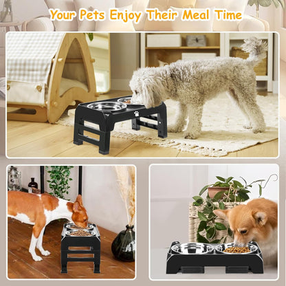 Elevated Raised Dog Bowl Stand with 2 Stainless Steel Bowls, Adjustable Height for Medium Large Dogs, 12.36" - 3.7" Foldable Feeder, Grey