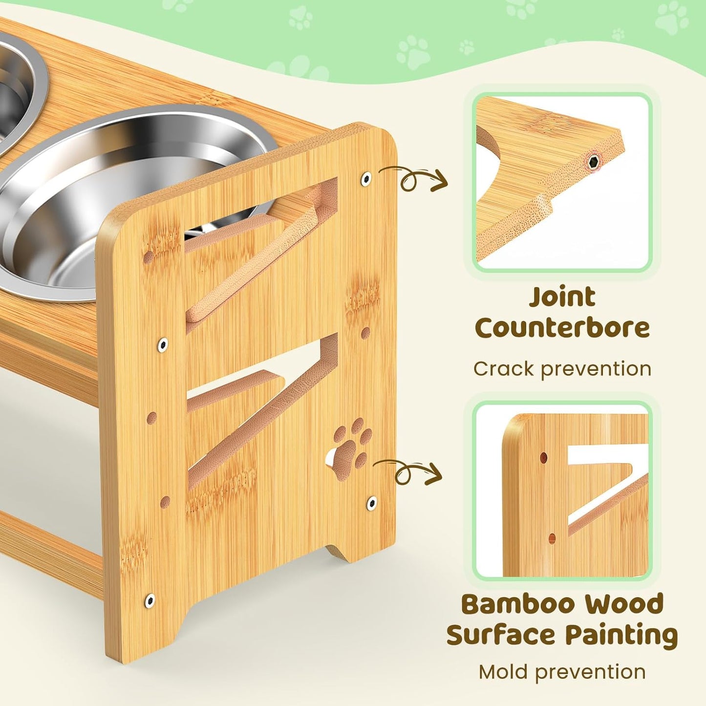 Elevated Dog Bowls, Adjustable Raised Dog Bowl Stand for Medium and Small Dog, 11" High Bamboo Pet Food Feeder with 2 Stainless Steel Dishes（4 Heights）