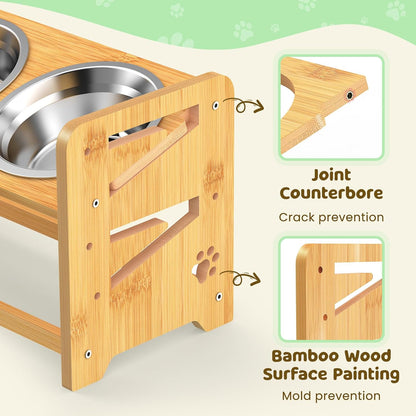 Elevated Dog Bowls, Adjustable Raised Dog Bowl Stand for Medium and Small Dog, 11" High Bamboo Pet Food Feeder with 2 Stainless Steel Dishes（4 Heights）