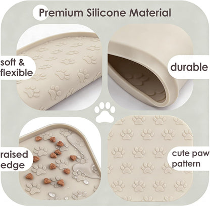 Pet Feeding Mat, Waterproof Anti-Slip Placemats for Dog Cat Bowl Silicone Pet Food Mat, Raised Edge Prevent Spills on Floor & Carpet, Dishwasher Safe (Beige, 11" x 11")