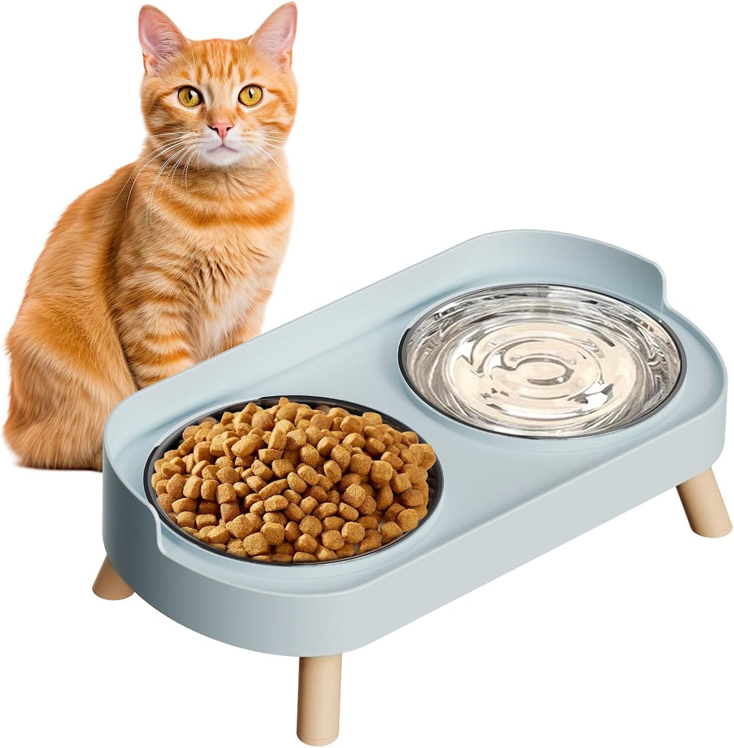 Elevated Cat Bowl, Raised Cat Food and Water Bowl Set for Indoor Cats, Splash Proof with 2 Stainless Steel Pet Food Bowls for Cats and Puppies, Whisker Fatigue and Dishwasher Safe - White