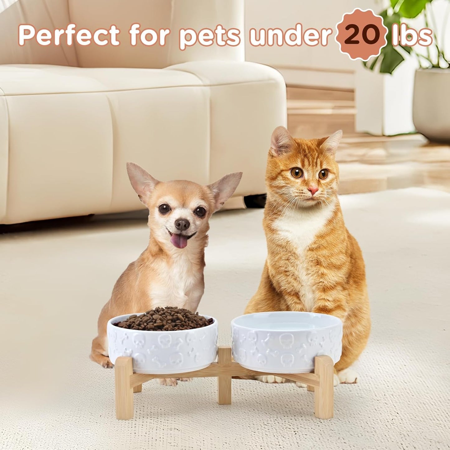 SPUNKYJUNKY Elevated Dog Bowls Ceramic, 6.1'' Dogs and Cat Food Water Bowls Raised with Non-Slip Bamboo Stand for Medium Sized Breed Microwave Dishwasher Safe - 28.7 OZ,Beige