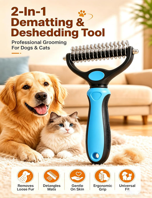 Dual-Sided Pet Grooming Comb for Dogs & Cats – 2-in-1 Dematting Brush & Undercoat Rake for Long, Thick, Curly & Double-Coated Pets (2pcs-Pink)