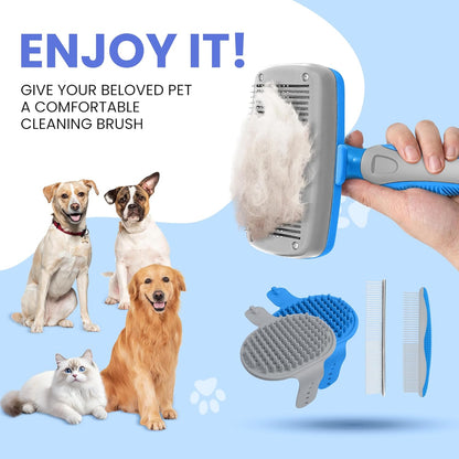 Self Cleaning Shedding Brush - 5-in-1 Professional Pet Grooming Kit Skin Friendly Grooming Tool for Dogs, Cats, and Puppies, Deshedding and Hair Removal for Long and Short Haired Pets, Blue