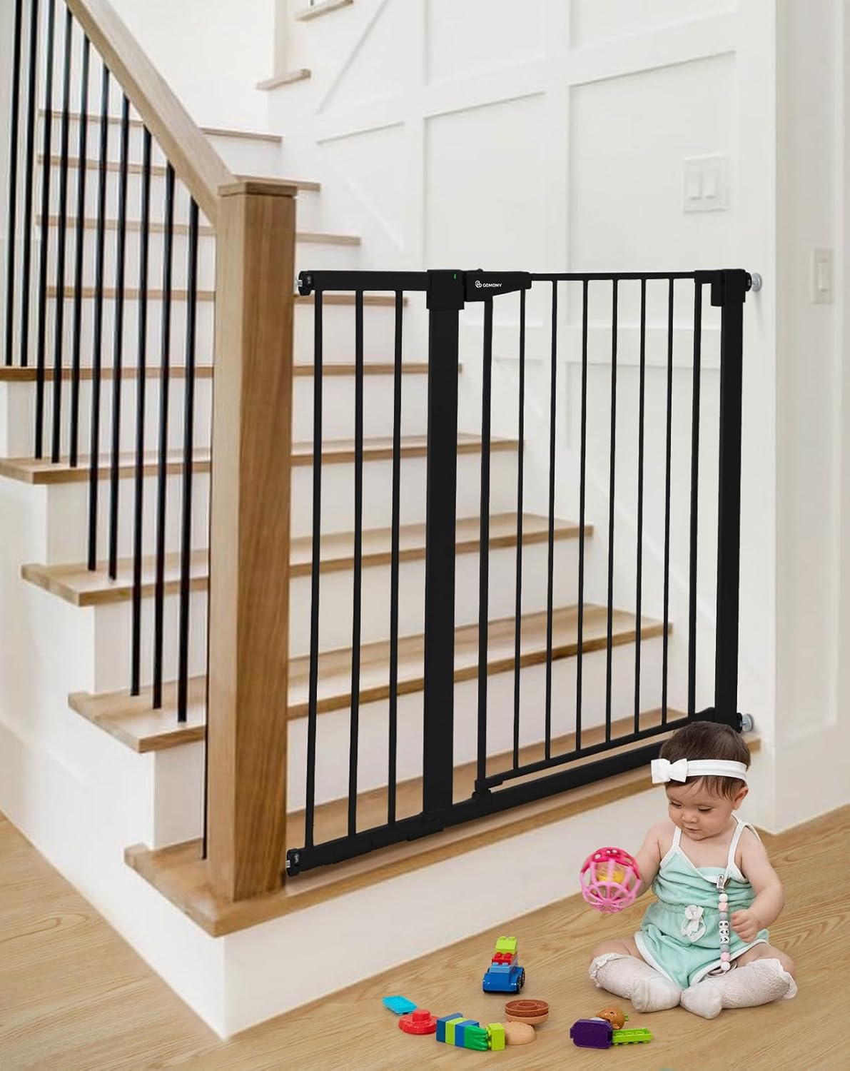 COMOMY 36" Extra Tall Baby Gate for Stairs and Doorways - Fits 29.5" to 48.8" Wide Openings, Auto Close Extra Wide Dog Gate for House, Pressure Mounted Easy Walk Through Pet With Door, Black