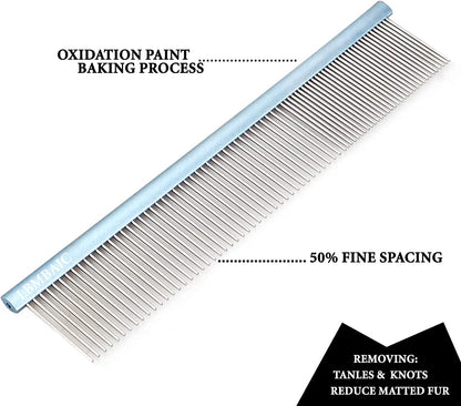 Metal Dog Grooming Comb for Shedding Tangles,Knots,Mats.Dog Combs With Long Wide Tooth for Long Thick Curly Hair Metal Pet Comb for Poodles and Goldendoodles Dematting.7.5INCHES.(Blue)