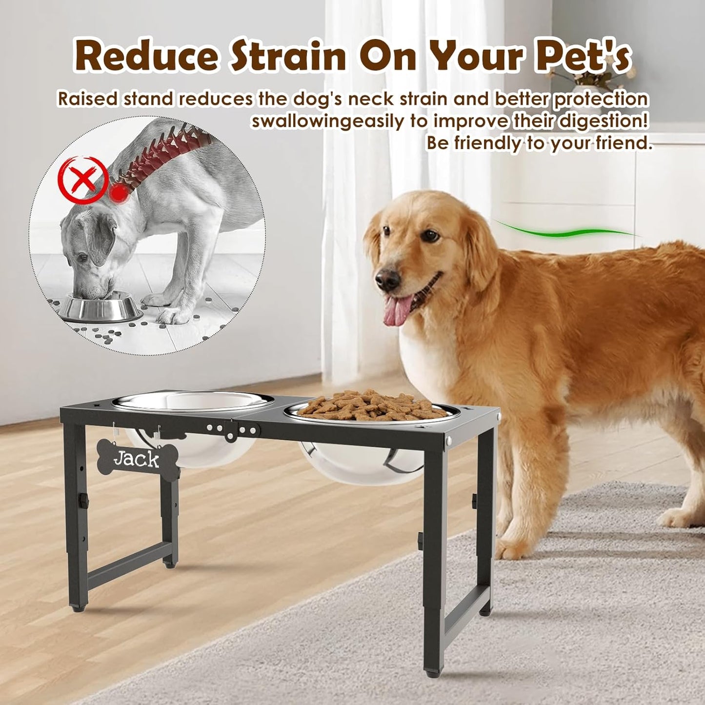 SHAINFUN Metal Elevated Dog Bowls Stand for Large Dogs with Mat & Three 58oz Food Water Bowls, Adjustable Height Raised Dog Bowl Stand