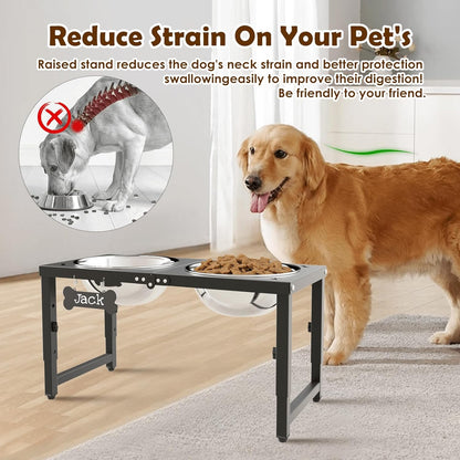 SHAINFUN Metal Elevated Dog Bowls Stand for Large Dogs with Mat & Three 58oz Food Water Bowls, Adjustable Height Raised Dog Bowl Stand