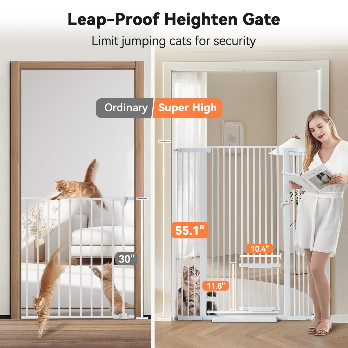 COMOMY 55.1" Extra Tall Pet Gate for Cats, Extra Wide Cat Gate with Adjustable Cat Door, Pressure Mounted Easy Walk Through Pet Gate with Door for Stairs, Doorways, Kitchen(White, 29.5-40.6")