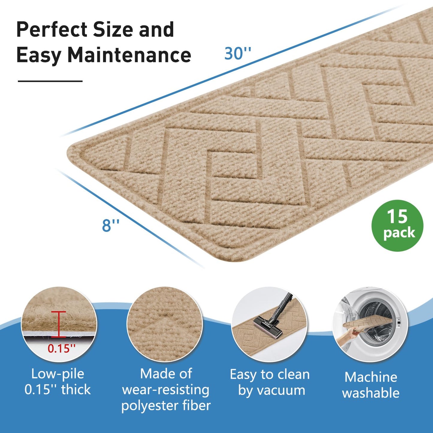 Non Slip Stair Treads for Wooden Steps,15 Pack 8" X 30" Stairs Carpet Treads Indoor with Reusable Peel and Stick Adhesive for Kids Elders and Pets