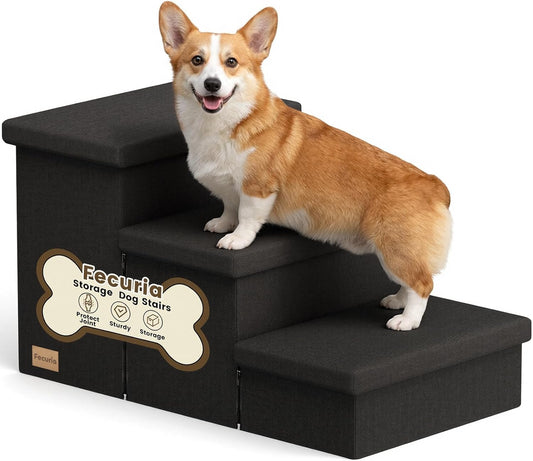 3-Step Wide Dog Stairs with Hidden Storage 18" H, Non-Slip Dog Steps for High Bed Couch Window Car, Jiont-Friendly Pet Stairs Ramp for Small/Medium/Large Old Dogs Cats Up to 200lbs, Grey