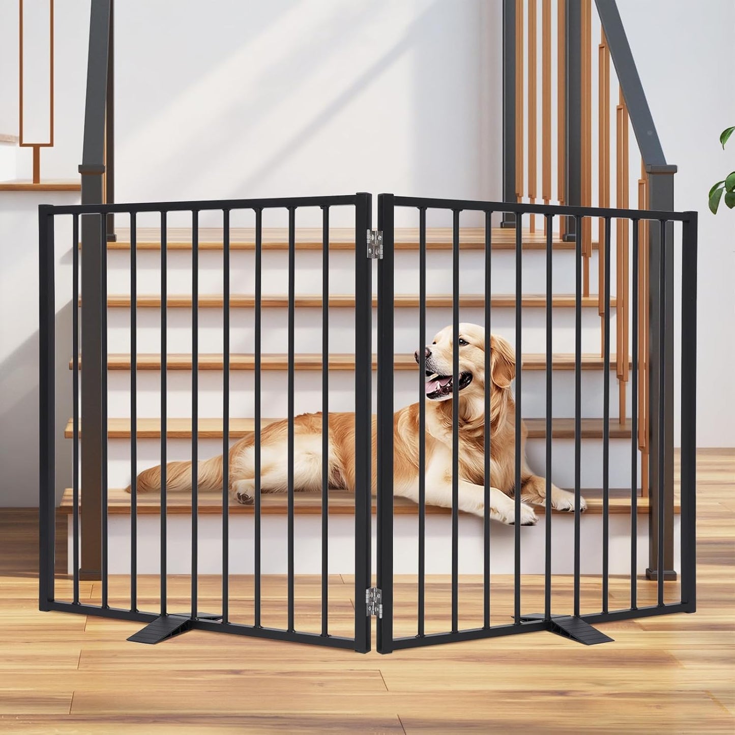 Snagle Paw Extra Wide Dog Gate,Free Standing Dog Fence with Door, Up to 104 Inch Wide Pet Gate with Support Feet for Stairs, Hallways, Doorways, Yard (Black, 4 Panels)